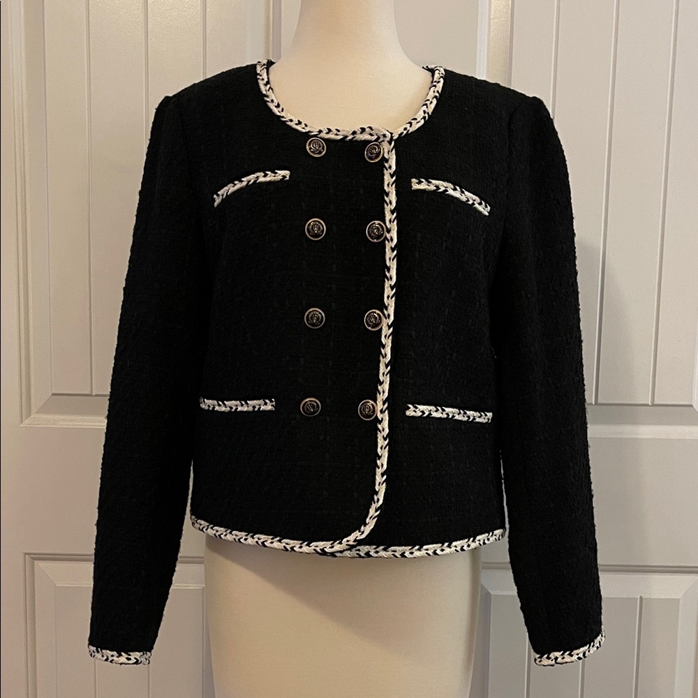 Ann Taylor Black Tweed Blazer with White Trim